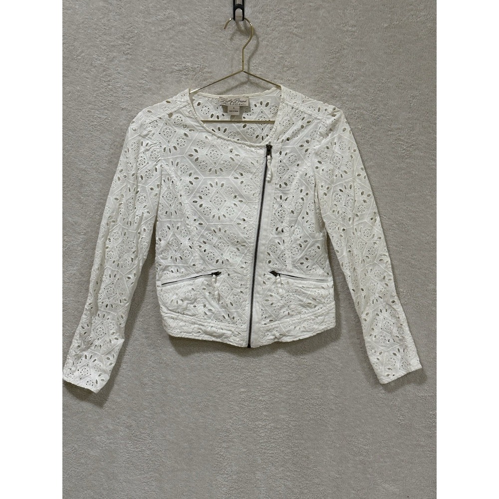Lucky Brand Women's White Eyelet Moto‎ Jacket, Small Asymmetrical Zip Pockets